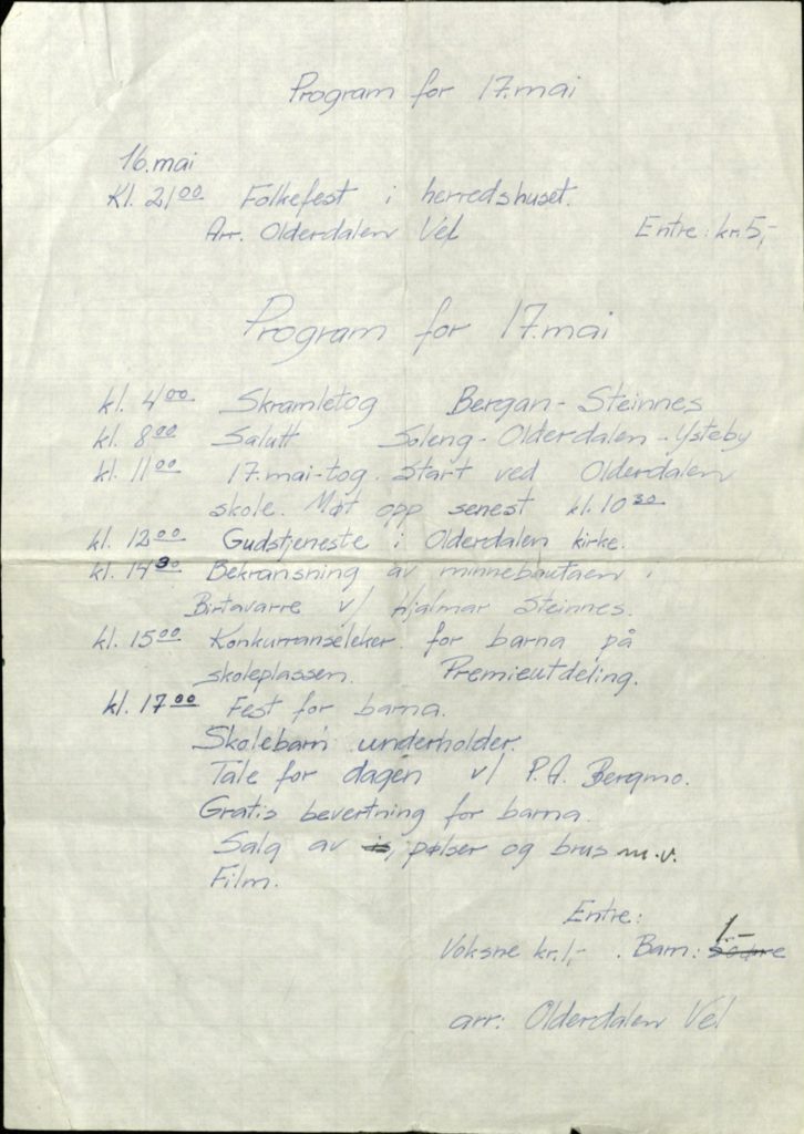 Program for 17. mai 1969, Olderdalen. Kåfjord kommune Foto: Arkiv Troms